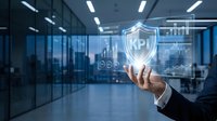 Businessman in dark suit holding glowing shield icon with data analytics charts in modern office environment, representing cybersecurity, data protection, and digital safety solutions.