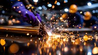 Bright sparks and bokeh light effects from industrial metal grinding process against dark background with orange and blue reflections create dramatic atmosphere.
