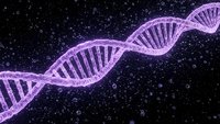 Purple DNA double helix strand floating in cosmic space with stars and particles for genetics research and biotechnology concepts.