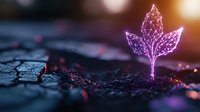 Glowing purple neon plant sprout emerging from dark soil with bokeh light effects, symbolizing digital transformation, growth and technological innovation in nature.