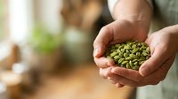 Close-up of hands holding green pumpkin seeds, ideal for organic food, nutrition, and healthy eating content for websites and marketing materials.