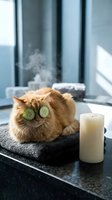 Fluffy orange cat with cucumber slices on eyes relaxing at home spa treatment with candle on bathroom counter for wellness and self-care concept.