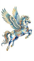 Watercolor pegasus with blue and gold ornamental armor, wings spread, isolated on transparent background. Great for stickers, t-shirt design, print on demand.