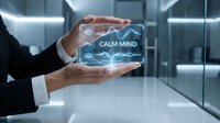 Businessman hands protecting holographic calm mind interface with brain waves in modern office environment for mental health and wellness technology.