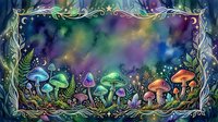 Enchanted forest floor with glowing mushrooms and magical plants under starry night sky with ornate golden frame border.