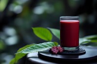 Fresh beetroot juice in glass with green leaves on dark background, healthy detox drink for natural nutrition and wellness.