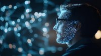 Glowing digital particles form male profile silhouette against dark background with bokeh lights, representing artificial intelligence and facial recognition technology.