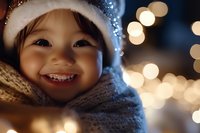 Joyful Asian child wearing winter hat and scarf smiles brightly against blurred holiday lights background creating magical festive atmosphere.