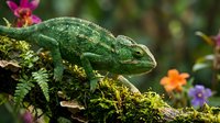 Green chameleon with textured skin resting on moss-covered branch in tropical garden setting with colorful flowers creating natural wildlife habitat scene.