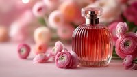 Elegant glass perfume bottle with ribbed design surrounded by soft pink ranunculus flowers on pastel background for luxury cosmetics and fragrance branding.
