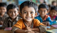 Smiling young South Asian boy in orange shirt at school desk with classmates blurred in background, representing education in developing countries.