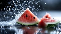 Fresh watermelon slices with water splash and droplets on dark background, dramatic lighting creates dynamic composition for food photography and advertising.