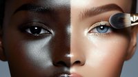 Creative makeup art combining faces of African and Caucasian women in split composition showing diversity in beauty and cosmetics application with makeup brush.