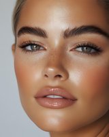 Close up portrait of young woman with freckles, glowing natural makeup, long eyelashes, and glossy nude lips against light background for beauty and cosmetic advertising.