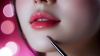 Close up of glossy pink lips with makeup brush, soft bokeh lights in background creating romantic atmosphere. Professional cosmetics application for beauty industry.