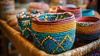 Colorful beaded baskets with geometric patterns in turquoise, orange and purple display traditional artisan craftsmanship. Handmade decorative containers showcase tribal design.