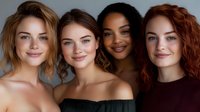 Diverse group of young women with different skin tones and hair colors smiling at camera, showcasing natural beauty and inclusivity in modern lifestyle and beauty concepts.