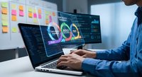 Professional data analyst working on laptop with colorful dashboard analytics and charts displayed on multiple screens in modern office environment.