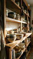 Rustic wooden shelves filled with handmade ceramic bowls and pottery in warm earthy tones, evoking cozy farmhouse kitchen style.