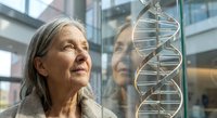 Senior Caucasian woman scientist examining DNA double helix model in modern laboratory for genetic research and biotechnology studies.