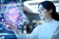 Young Asian woman in glasses and white sweater interacting with glowing purple holographic projection, representing future technology and innovation.