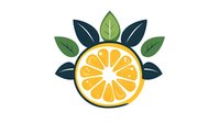 Fresh yellow citrus slice with green leaves arranged in decorative floral pattern on white isolated background, ready for logo and brand design use.