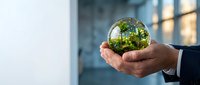 Businessman hands holding glass sphere with green plants inside representing environmental sustainability and eco-friendly business solutions.