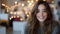 Young woman with radiant smile wearing gray sweater against blurred bokeh lights background, expressing joy and authenticity in casual indoor setting.