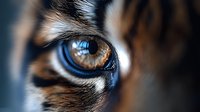 Extreme close up of tiger eye with striking blue reflection showing detailed iris pattern, fur texture and deep emotional expression. Powerful wildlife photography concept.