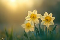 Yellow daffodils blooming in spring garden at sunset with soft bokeh background, fresh narcissus flowers with green stems in warm evening light.