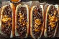 Juicy shredded beef sandwiches topped with melted cheddar cheese on fresh buns, served on parchment paper background. Perfect for menu photography.