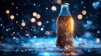 Cold glass bottle with golden liquid on wet surface against dark background with blue bokeh lights and water drops creating magical atmosphere.