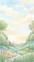 Soft watercolor countryside landscape with rolling hills, river, cottages, wildflowers, and mountains under a pastel sky for cards or prints.