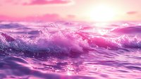 Dramatic ocean wave splashing at sunset with vibrant pink and purple colors illuminating water surface, creating magical seascape atmosphere for nature backgrounds.