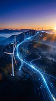 Wind turbines with digital circuit overlay on mountain landscape at sunrise showcasing renewable energy technology and smart grid innovation.