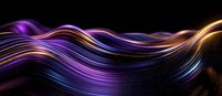 Glowing wavy lines in purple, blue and gold colors flow smoothly across dark background creating dynamic abstract light motion effect for modern tech designs.
