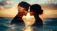 Romantic double exposure silhouette of young couple against ocean sunset background, with sun glowing between their faces in tender moment.