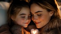 Young blonde mother and daughter sharing tender moment together with warm golden lighting creating intimate family bonding scene for parenting content.