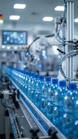 Bottled water production line with filled plastic bottles on conveyor belt in modern factory facility with industrial equipment and bright LED lighting.