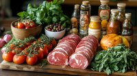 Fresh ingredients for Italian cuisine with sliced salami, vine tomatoes, herbs, and spices on wooden cutting board. Rustic food preparation setup with assorted condiments.