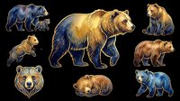 Grizzly bear, brown bear, and black bear illustrations in various poses and angles, isolated on transparent background, ready for t-shirt design, clipart, stickers, sublimation, and print-on-demand products.
