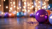 Festive party scene with purple and orange balloons on wooden floor against blurred bokeh lights background, scattered confetti creates celebratory mood.