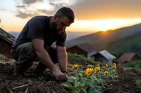 Young African American man planting sunflowers in garden soil at sunset, with mountain landscape and rural cabins in background.
