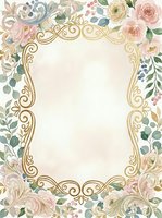 Ornate gold frame surrounded by watercolor florals including roses, ranunculus, eucalyptus and berries on cream background, isolated and ready for invitations, cards and design projects.