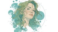 Artistic watercolor portrait of young woman with flowing green hair and paint splashes on white background for creative design projects.