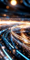 Abstract glowing light trails forming curved paths against dark background with bokeh effects, combining blue and golden illumination in dynamic motion.