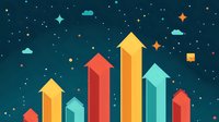 Colorful upward arrows against starry night sky background with clouds represent growth, success, and business achievement in modern flat design style.