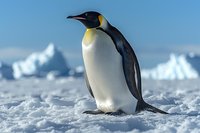 Emperor penguin standing majestically on snow-covered Antarctic terrain against blurred icy background and blue sky, showcasing distinctive yellow neck patch and sleek black-white plumage.