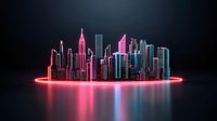 Futuristic cityscape with glowing neon skyscrapers reflecting on dark water surface, illuminated by pink and blue lights creating modern urban nighttime atmosphere.
