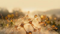Molecular structure with glowing spheres and connecting bonds floating over blurred natural landscape at golden hour sunset for scientific education and research.